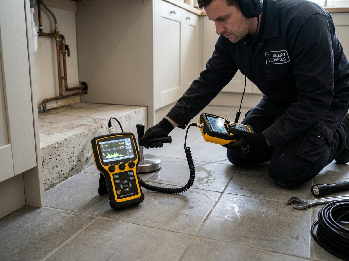 Electronic leak detection documentation and acoustic equipment on residential floor