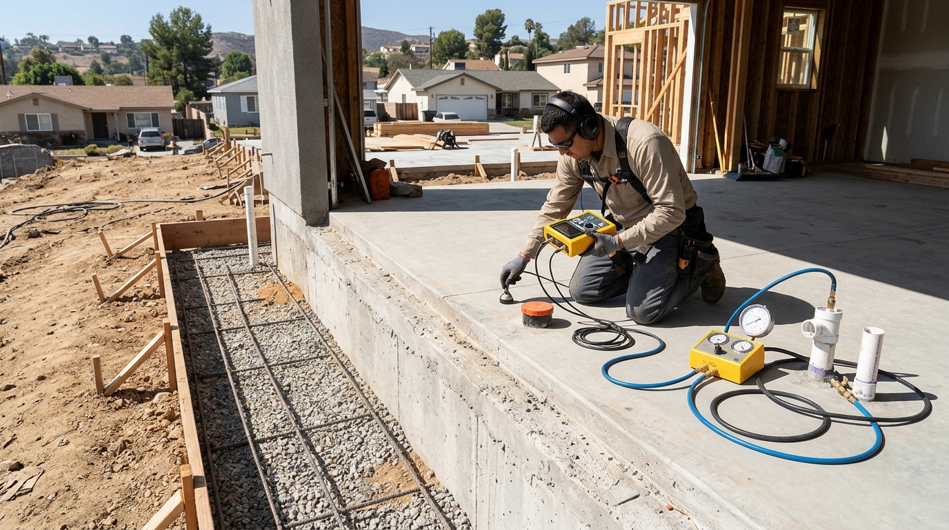 Foundation slab leak repair electronic diagnostic equipment on residential concrete slab in Melbourne FL